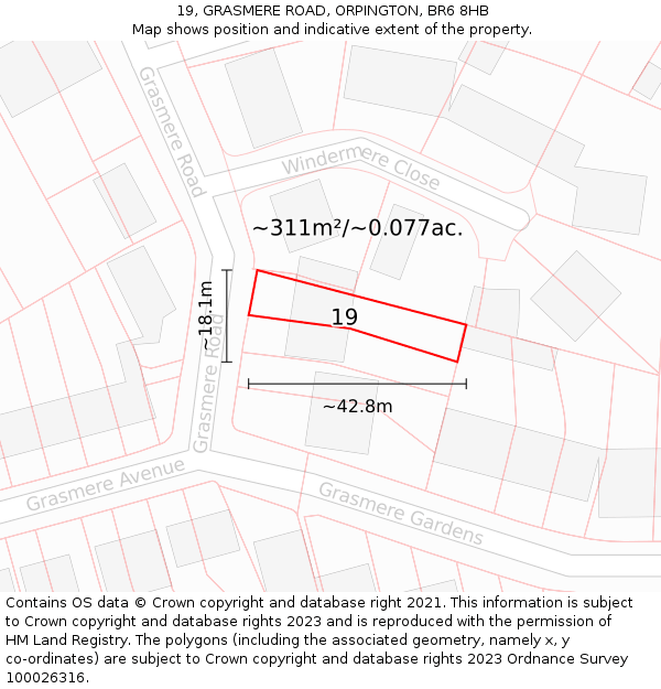 19, GRASMERE ROAD, ORPINGTON, BR6 8HB: Plot and title map