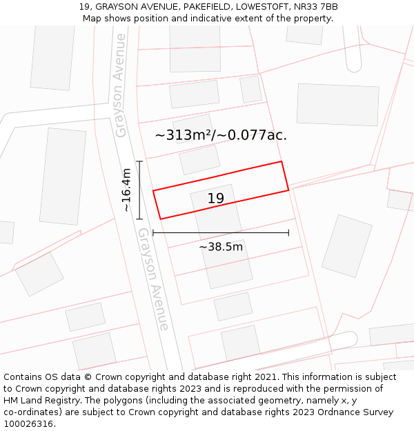 19, GRAYSON AVENUE, PAKEFIELD, LOWESTOFT, NR33 7BB: Plot and title map