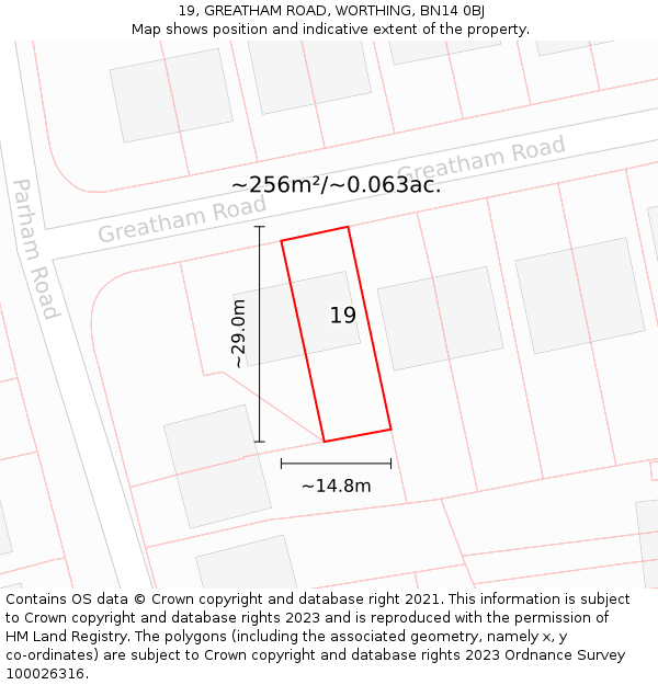 19, GREATHAM ROAD, WORTHING, BN14 0BJ: Plot and title map
