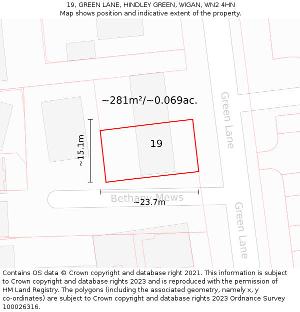 19, GREEN LANE, HINDLEY GREEN, WIGAN, WN2 4HN: Plot and title map