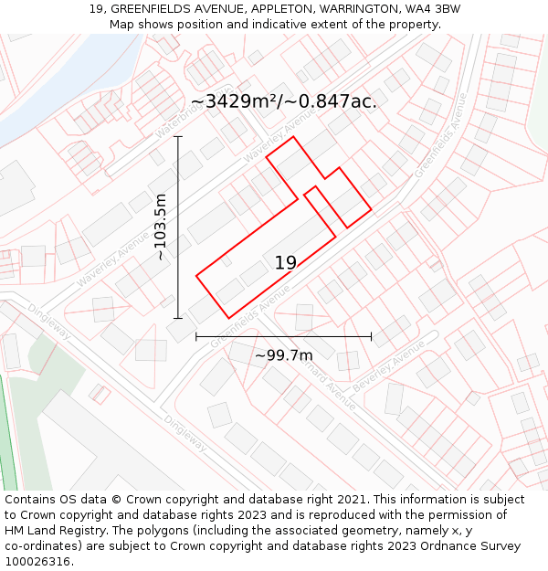 19, GREENFIELDS AVENUE, APPLETON, WARRINGTON, WA4 3BW: Plot and title map
