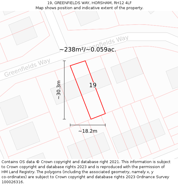 19, GREENFIELDS WAY, HORSHAM, RH12 4LF: Plot and title map