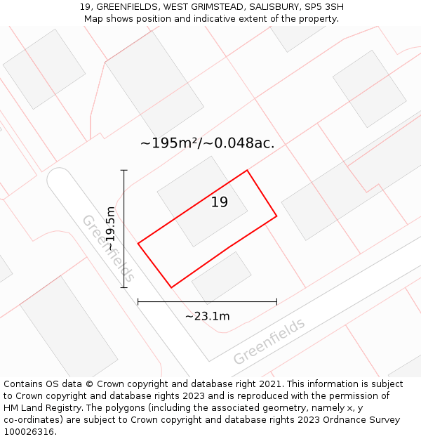 19, GREENFIELDS, WEST GRIMSTEAD, SALISBURY, SP5 3SH: Plot and title map