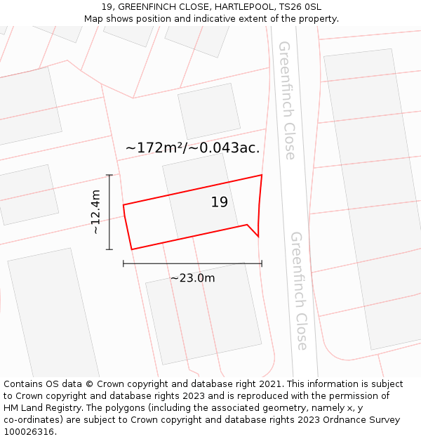19, GREENFINCH CLOSE, HARTLEPOOL, TS26 0SL: Plot and title map