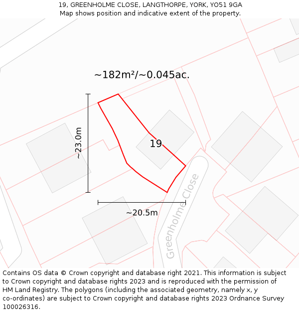 19, GREENHOLME CLOSE, LANGTHORPE, YORK, YO51 9GA: Plot and title map