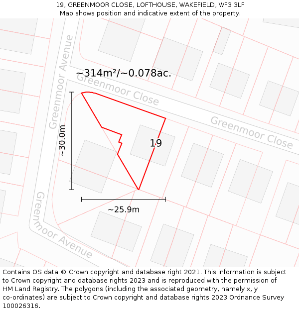 19, GREENMOOR CLOSE, LOFTHOUSE, WAKEFIELD, WF3 3LF: Plot and title map