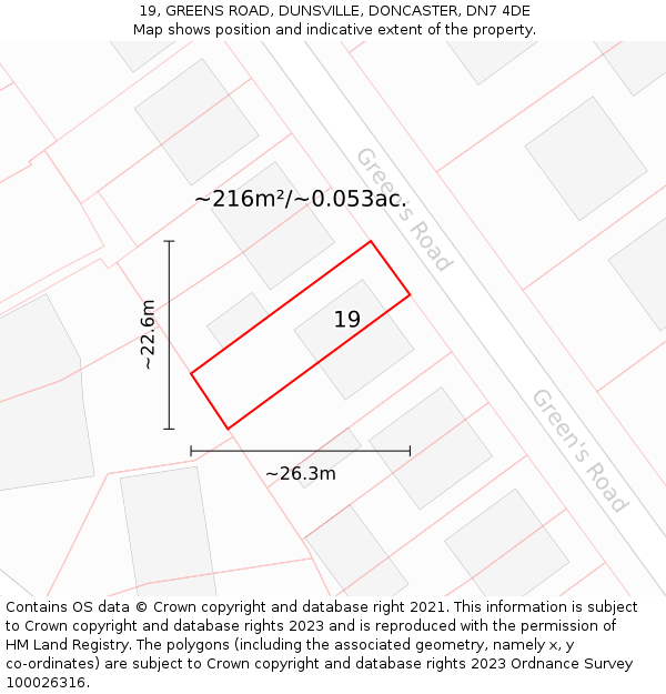 19, GREENS ROAD, DUNSVILLE, DONCASTER, DN7 4DE: Plot and title map