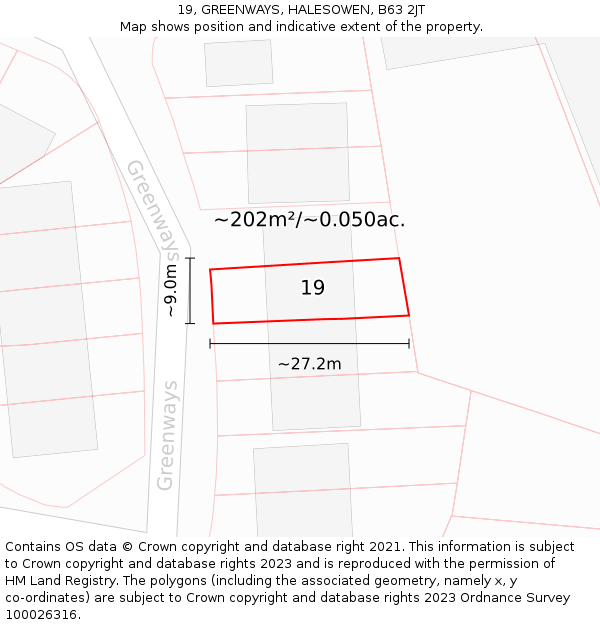 19, GREENWAYS, HALESOWEN, B63 2JT: Plot and title map