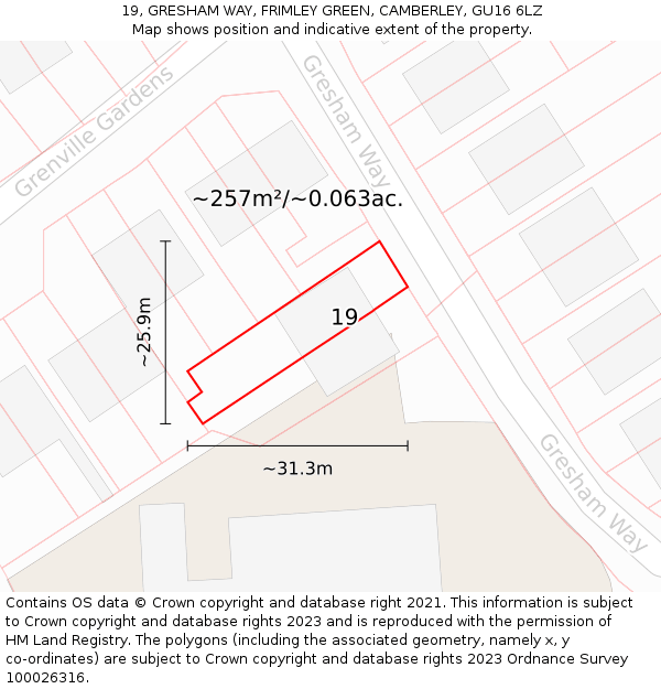 19, GRESHAM WAY, FRIMLEY GREEN, CAMBERLEY, GU16 6LZ: Plot and title map