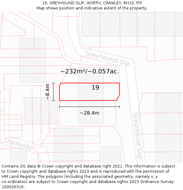 19, GREYHOUND SLIP, WORTH, CRAWLEY, RH10 7FP: Plot and title map