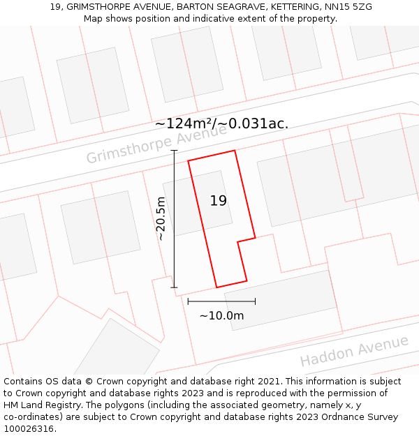 19, GRIMSTHORPE AVENUE, BARTON SEAGRAVE, KETTERING, NN15 5ZG: Plot and title map