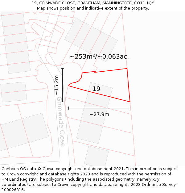 19, GRIMWADE CLOSE, BRANTHAM, MANNINGTREE, CO11 1QY: Plot and title map