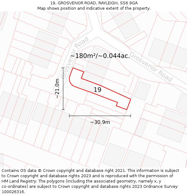 19, GROSVENOR ROAD, RAYLEIGH, SS6 9GA: Plot and title map