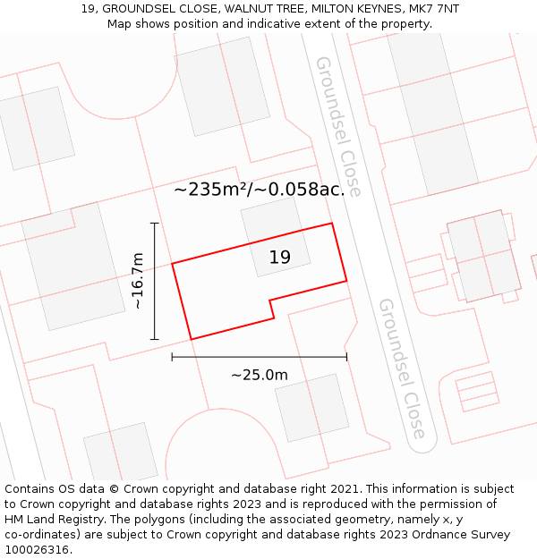 19, GROUNDSEL CLOSE, WALNUT TREE, MILTON KEYNES, MK7 7NT: Plot and title map
