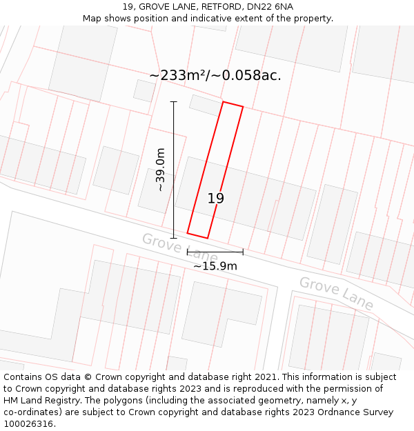 19, GROVE LANE, RETFORD, DN22 6NA: Plot and title map