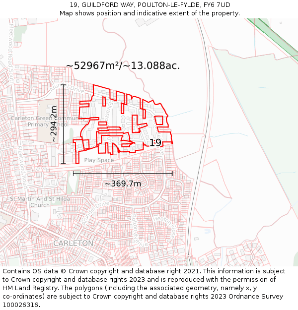 19, GUILDFORD WAY, POULTON-LE-FYLDE, FY6 7UD: Plot and title map