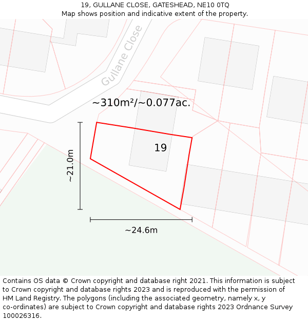 19, GULLANE CLOSE, GATESHEAD, NE10 0TQ: Plot and title map