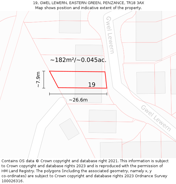 19, GWEL LEWERN, EASTERN GREEN, PENZANCE, TR18 3AX: Plot and title map