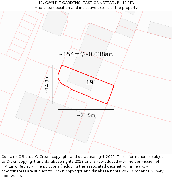 19, GWYNNE GARDENS, EAST GRINSTEAD, RH19 1PY: Plot and title map