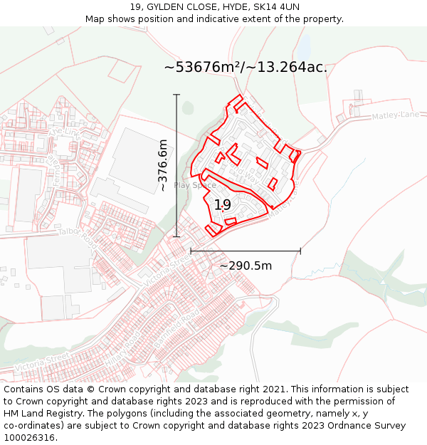 19, GYLDEN CLOSE, HYDE, SK14 4UN: Plot and title map