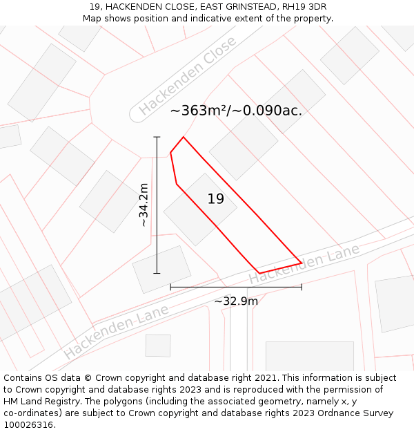 19, HACKENDEN CLOSE, EAST GRINSTEAD, RH19 3DR: Plot and title map