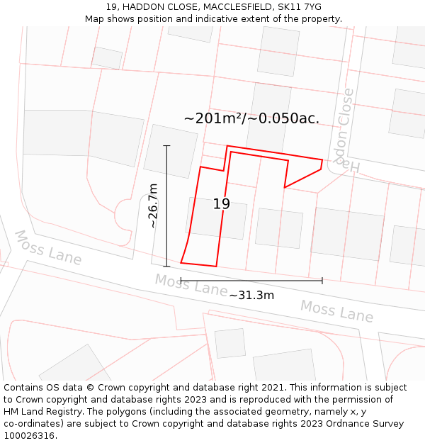 19, HADDON CLOSE, MACCLESFIELD, SK11 7YG: Plot and title map