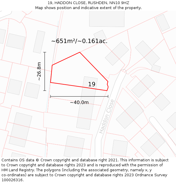 19, HADDON CLOSE, RUSHDEN, NN10 9HZ: Plot and title map