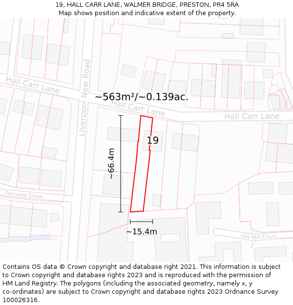 19, HALL CARR LANE, WALMER BRIDGE, PRESTON, PR4 5RA: Plot and title map