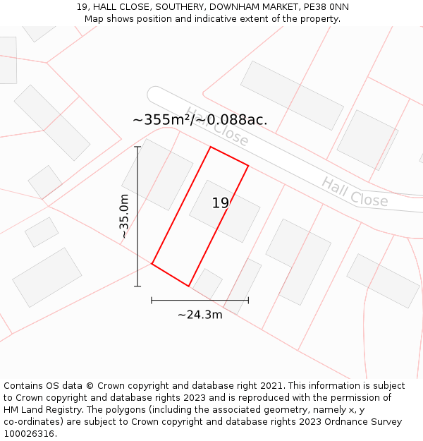 19, HALL CLOSE, SOUTHERY, DOWNHAM MARKET, PE38 0NN: Plot and title map