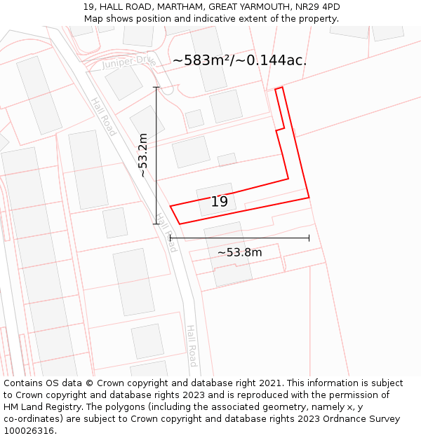 19, HALL ROAD, MARTHAM, GREAT YARMOUTH, NR29 4PD: Plot and title map