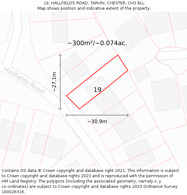 19, HALLFIELDS ROAD, TARVIN, CHESTER, CH3 8LL: Plot and title map