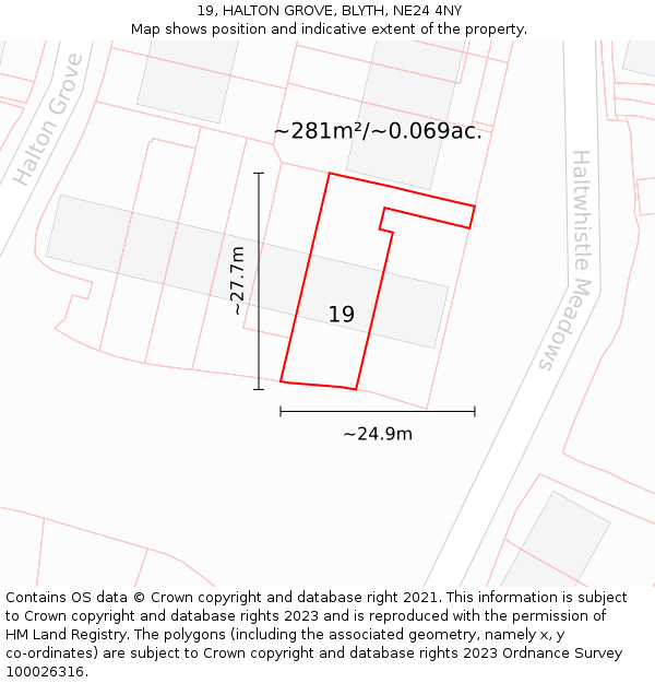 19, HALTON GROVE, BLYTH, NE24 4NY: Plot and title map