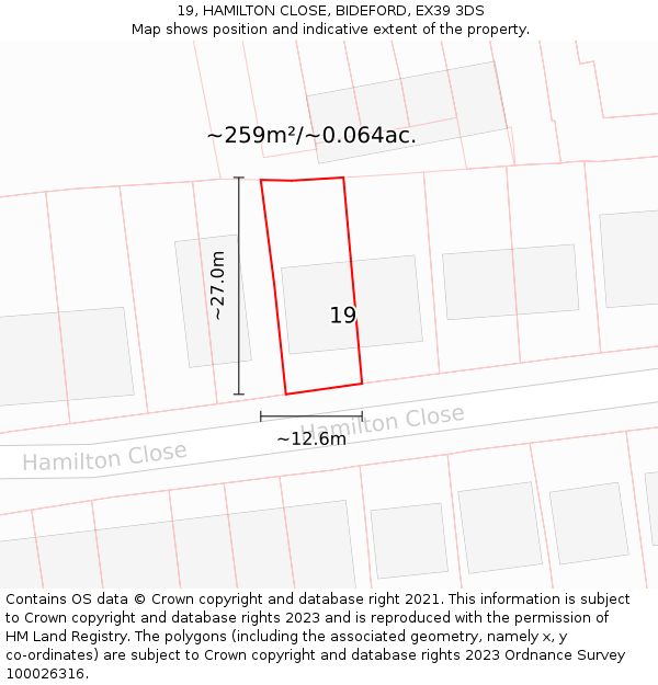 19, HAMILTON CLOSE, BIDEFORD, EX39 3DS: Plot and title map