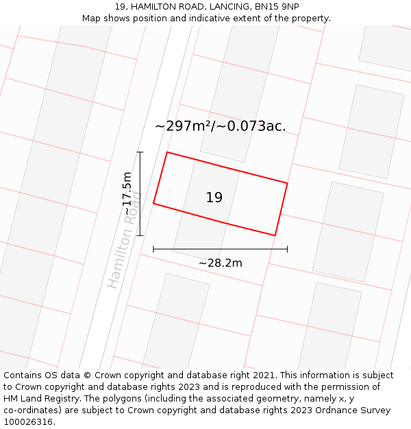19, HAMILTON ROAD, LANCING, BN15 9NP: Plot and title map