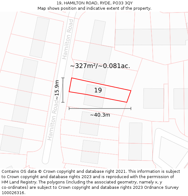 19, HAMILTON ROAD, RYDE, PO33 3QY: Plot and title map