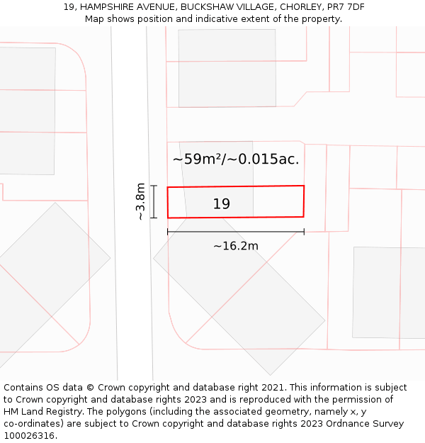19, HAMPSHIRE AVENUE, BUCKSHAW VILLAGE, CHORLEY, PR7 7DF: Plot and title map