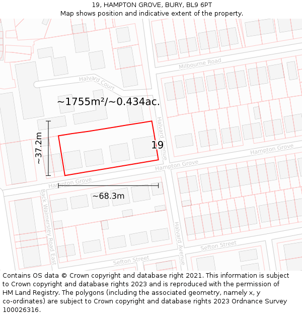 19, HAMPTON GROVE, BURY, BL9 6PT: Plot and title map