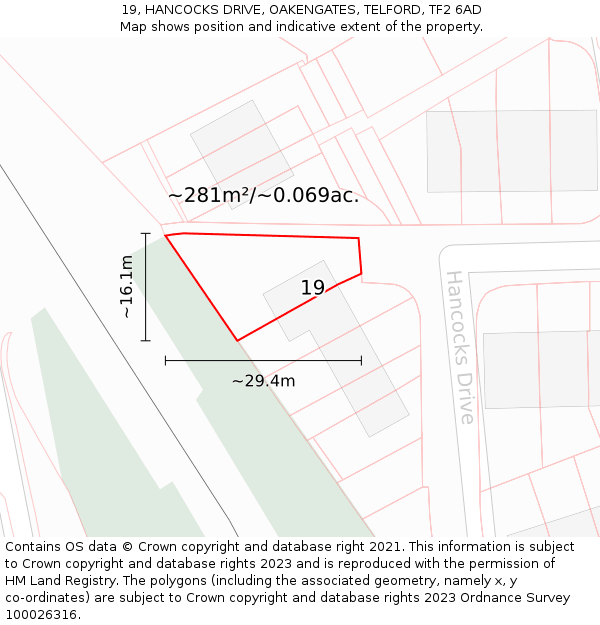 19, HANCOCKS DRIVE, OAKENGATES, TELFORD, TF2 6AD: Plot and title map
