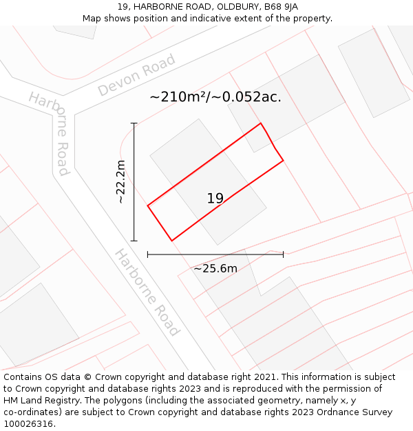 19, HARBORNE ROAD, OLDBURY, B68 9JA: Plot and title map
