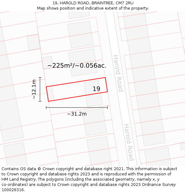 19, HAROLD ROAD, BRAINTREE, CM7 2RU: Plot and title map