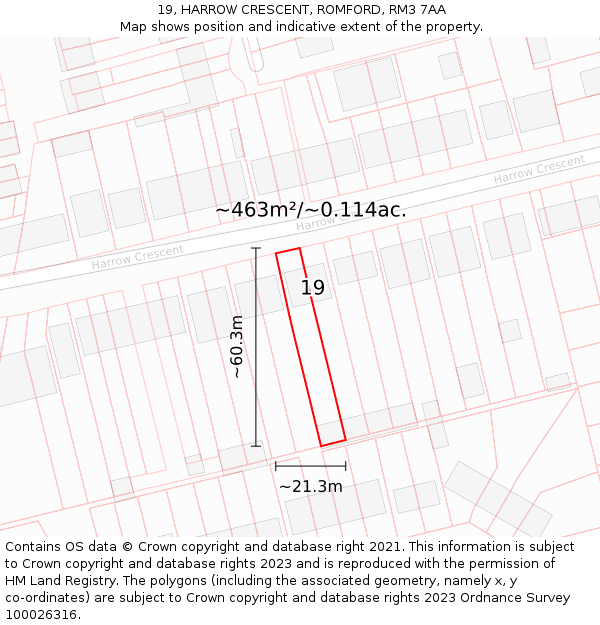 19, HARROW CRESCENT, ROMFORD, RM3 7AA: Plot and title map