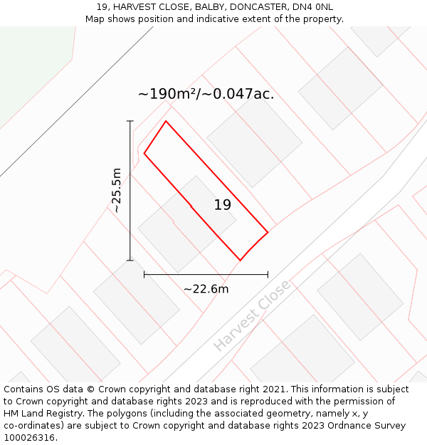 19, HARVEST CLOSE, BALBY, DONCASTER, DN4 0NL: Plot and title map