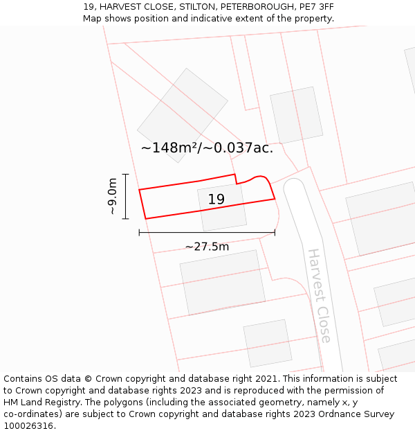 19, HARVEST CLOSE, STILTON, PETERBOROUGH, PE7 3FF: Plot and title map