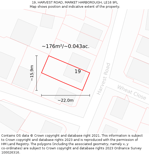 19, HARVEST ROAD, MARKET HARBOROUGH, LE16 9FL: Plot and title map
