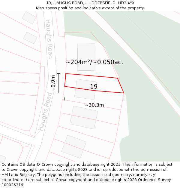 19, HAUGHS ROAD, HUDDERSFIELD, HD3 4YX: Plot and title map