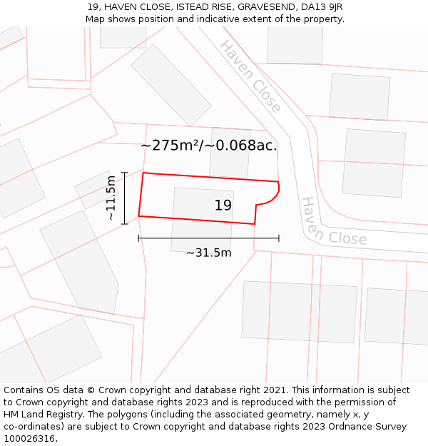 19, HAVEN CLOSE, ISTEAD RISE, GRAVESEND, DA13 9JR: Plot and title map