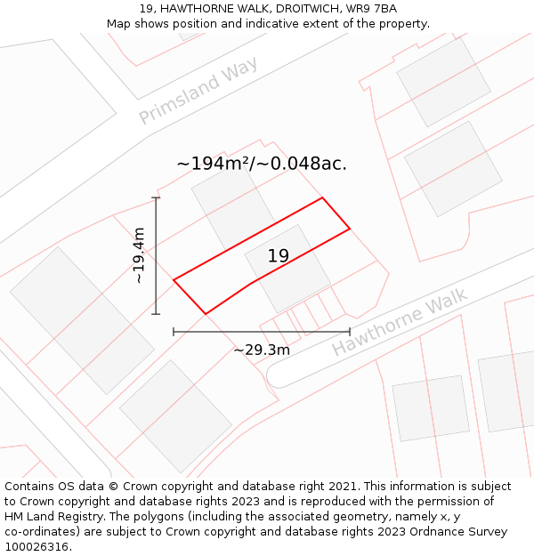 19, HAWTHORNE WALK, DROITWICH, WR9 7BA: Plot and title map