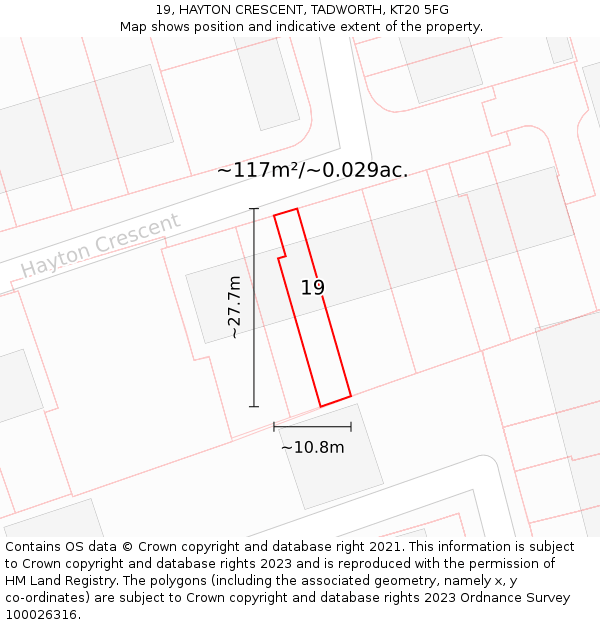 19, HAYTON CRESCENT, TADWORTH, KT20 5FG: Plot and title map