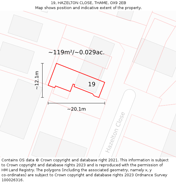 19, HAZELTON CLOSE, THAME, OX9 2EB: Plot and title map