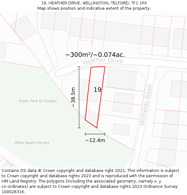19, HEATHER DRIVE, WELLINGTON, TELFORD, TF1 1PX: Plot and title map